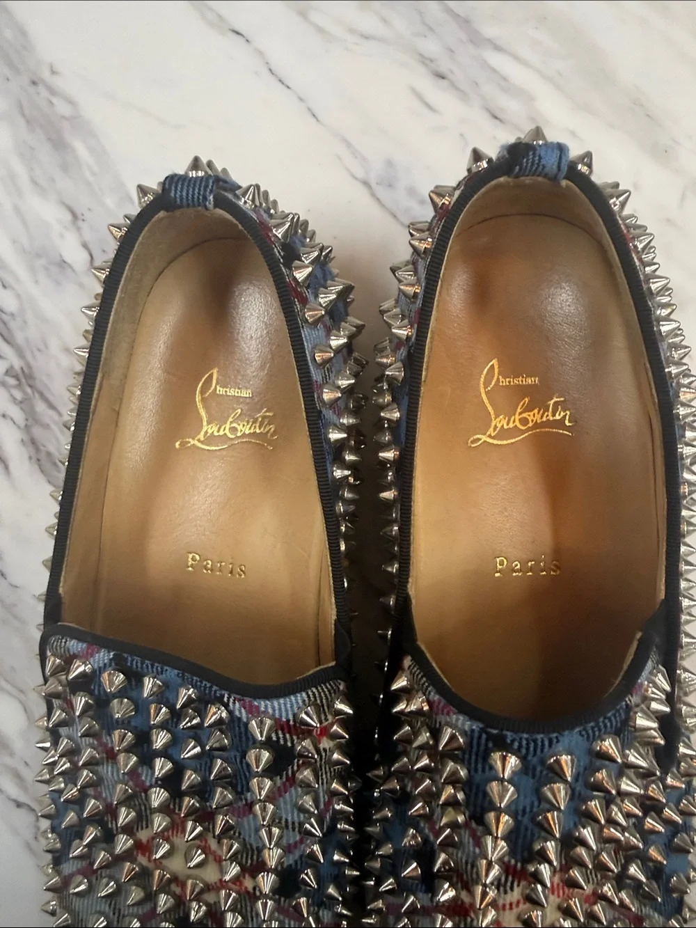 Christian Louboutin Blue Plaid Spike-Embellished Slip-Ons